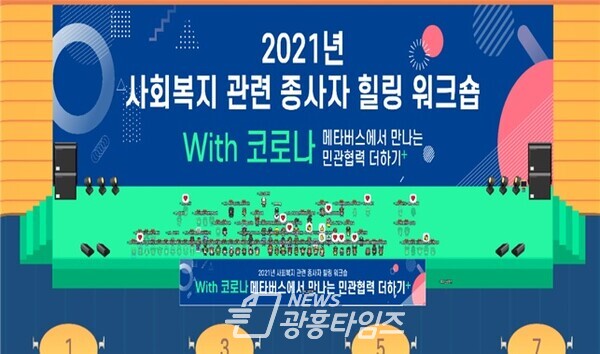 광명시 지역사회보장협의체는 지난 17일 온라인 메타버스 플랫폼을 활용해 2021년 사회복지업무 관련 종사자 힐링워크숍 ‘메타버스에서 만나는 민관협력 더하기’를 진행했다(제공=광명시)