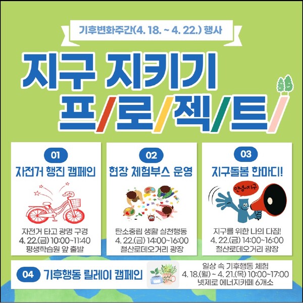 광명시는 4월 22일 제52주년 지구의 날을 맞아 기후위기에 대한 심각성과 일상 속 기후행동 실천의 중요성을 알리기 위해 다양한 행사와 캠페인을 펼친다(제공=광명시)