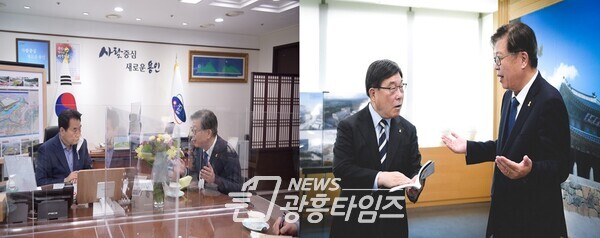 이한복 경기도교육감 예비후보가 백군기 용인시장(왼쪽)과 신동헌 광주시장(오른쪽)을 만나 교육정책 현안에 대한 의견을 나누고 있다(제공=이한복 교육감 후보 캠프)