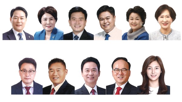 상단 왼쪽부터 더불어민주당 안성환 당선인, 이형덕 당선인, 이지석 당선인, 현충일 당선인, 오희령 당선인, 김정미 당선인. 하단 왼쪽부터 국민의힘 김종오 당선인, 이재한 당선인, 설진서 당선인, 구본신 당선인, 정지혜 당선인
