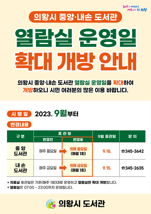  도서관 열람실 확대 운영(제공=의왕시)