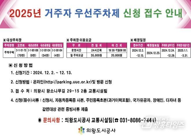 의왕도시공사, 2025년도 거주자 우선주차제 신청 접수
