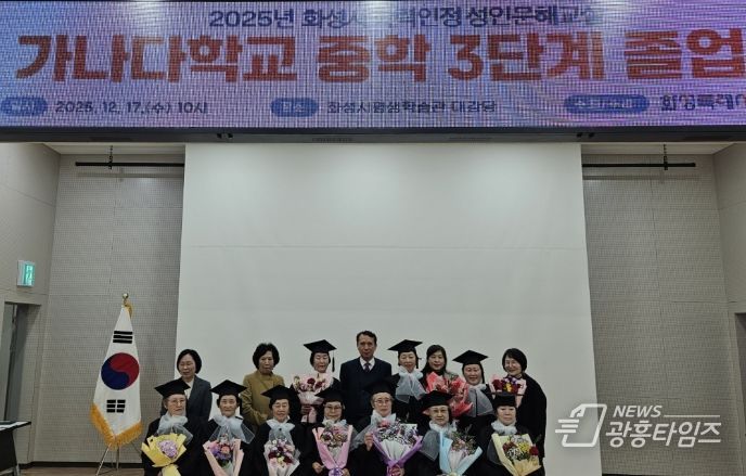 17일 열린 2025년 화성특례시 가나다학교 중학 3단계 졸업식에서 졸업생 등이 기념촬영을 하고 있다.